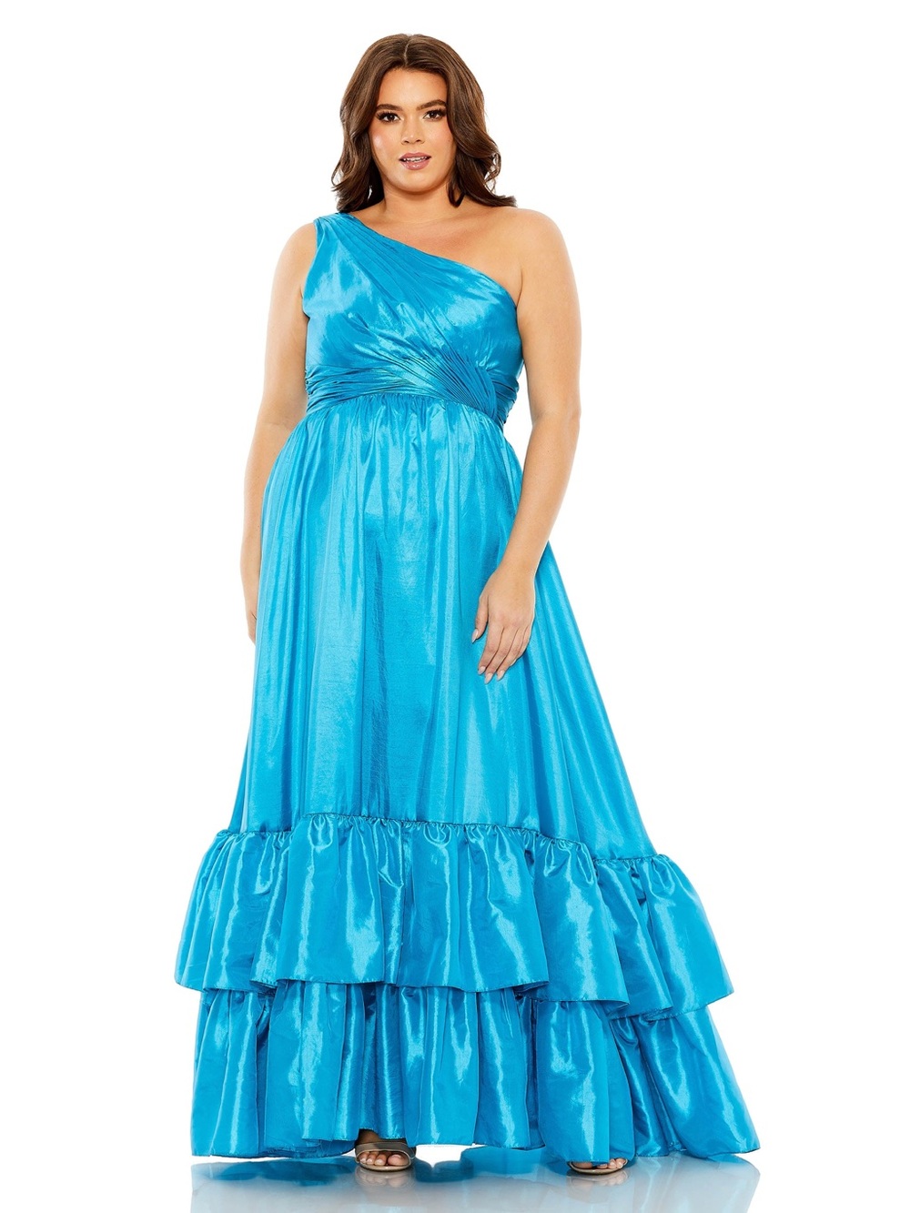 Mac Duggal 68527 Turquoise One-Shoulder Ruffle Gown – Size 18 – NWT